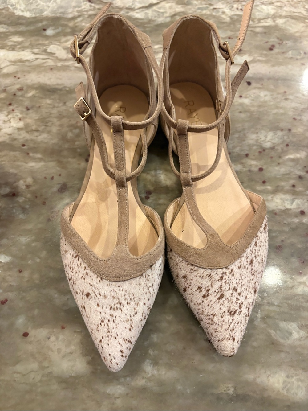 RAYE Beige/Tan Speckled Haircalf T‑Strap Pointed Pumps
